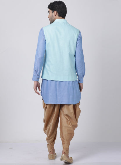 Men's Blue Cotton Blend Ethnic Jacket, Kurta and Dhoti Pant Set