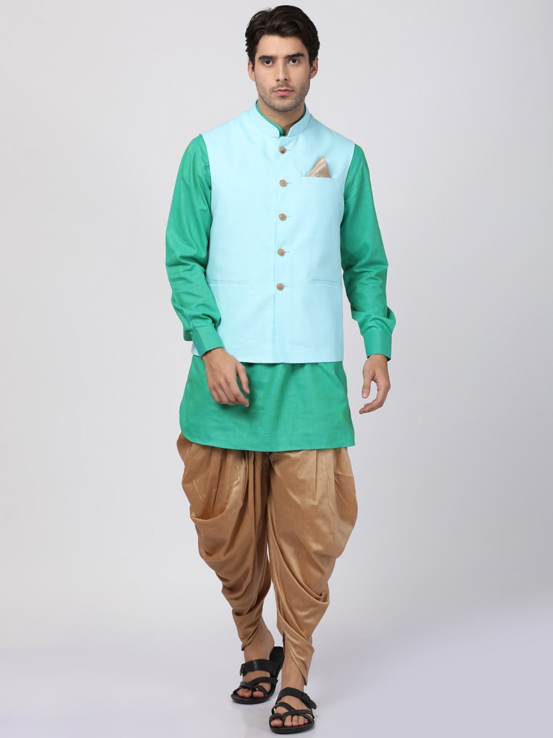 Men's Green Cotton Blend Ethnic Jacket, Kurta and Dhoti Pant Set