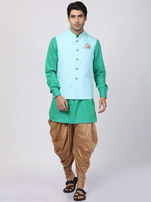 Men's Green Cotton Blend Ethnic Jacket, Kurta and Dhoti Pant Set