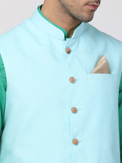 Men's Dark Blue Cotton Blend Ethnic Jacket, Kurta and Dhoti Pant Set
