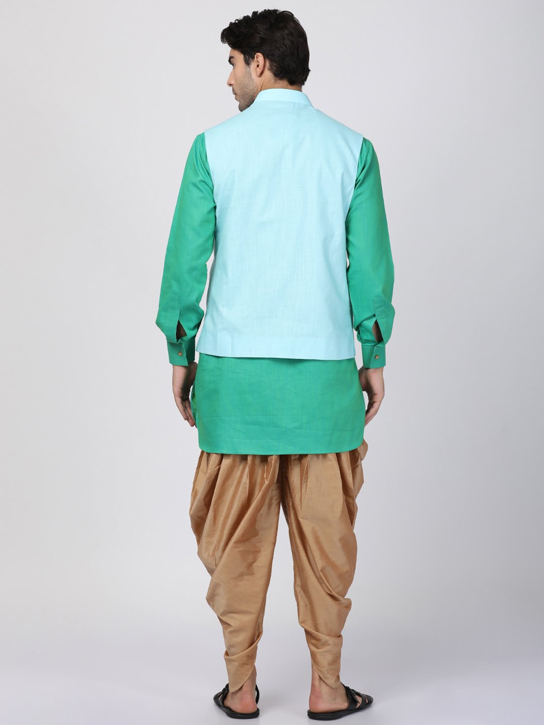 Men's Green Cotton Blend Ethnic Jacket, Kurta and Dhoti Pant Set