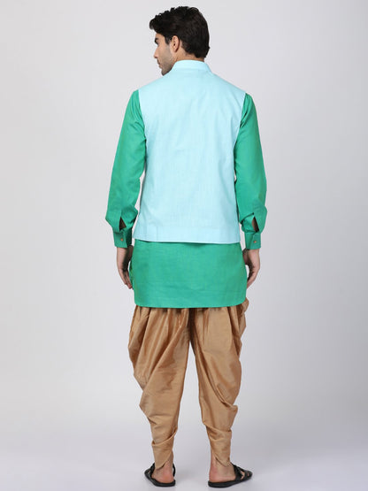 Men's Green Cotton Blend Ethnic Jacket, Kurta and Dhoti Pant Set