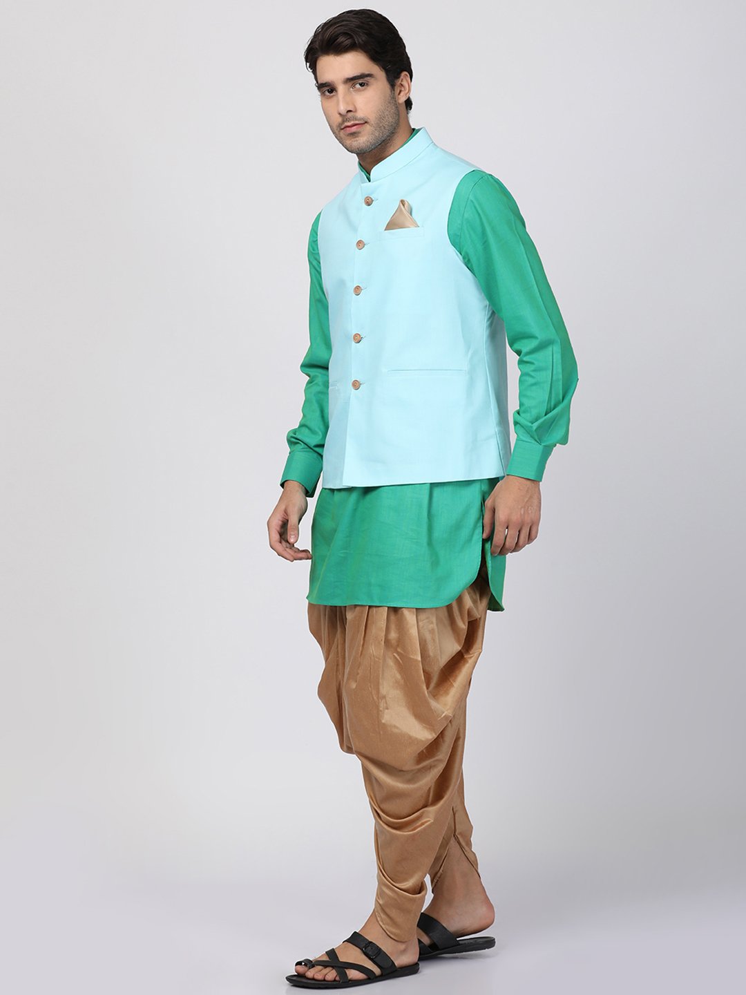 Men's Green Cotton Blend Ethnic Jacket, Kurta and Dhoti Pant Set