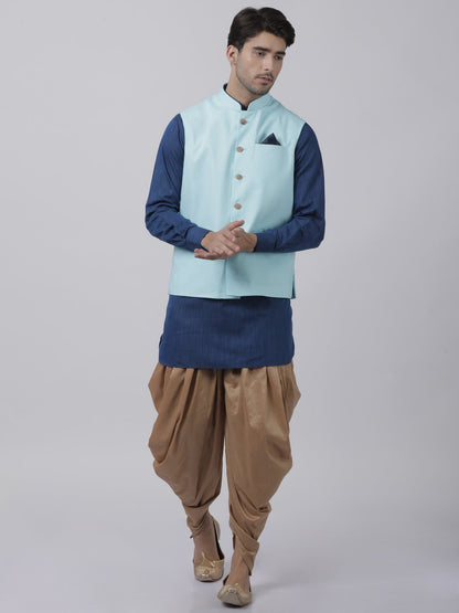 Men's Dark Blue Cotton Blend Ethnic Jacket, Kurta and Dhoti Pant Set