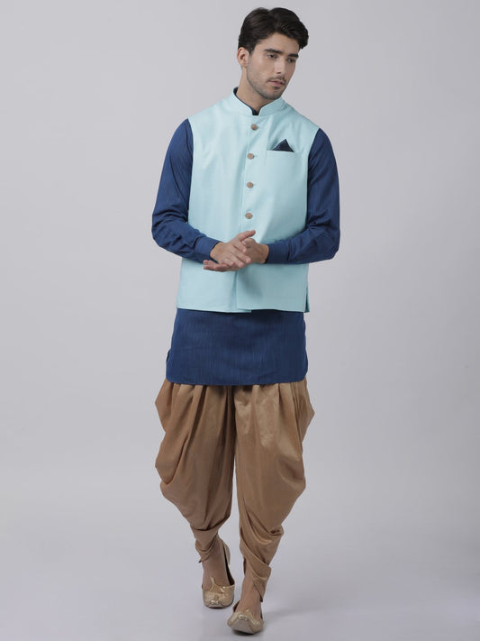 Men's Dark Blue Cotton Blend Ethnic Jacket, Kurta and Dhoti Pant Set