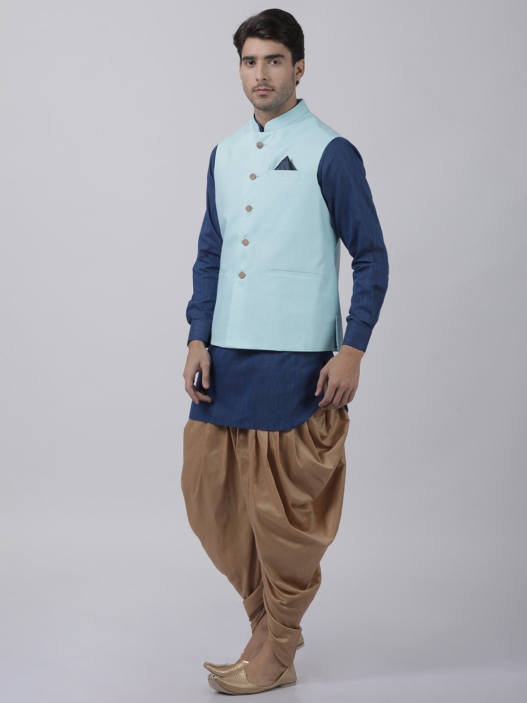 Men's Dark Blue Cotton Blend Ethnic Jacket, Kurta and Dhoti Pant Set