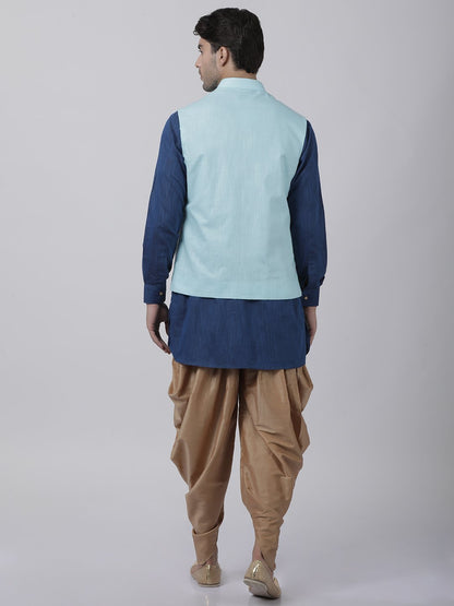 Men's Dark Blue Cotton Blend Ethnic Jacket, Kurta and Dhoti Pant Set