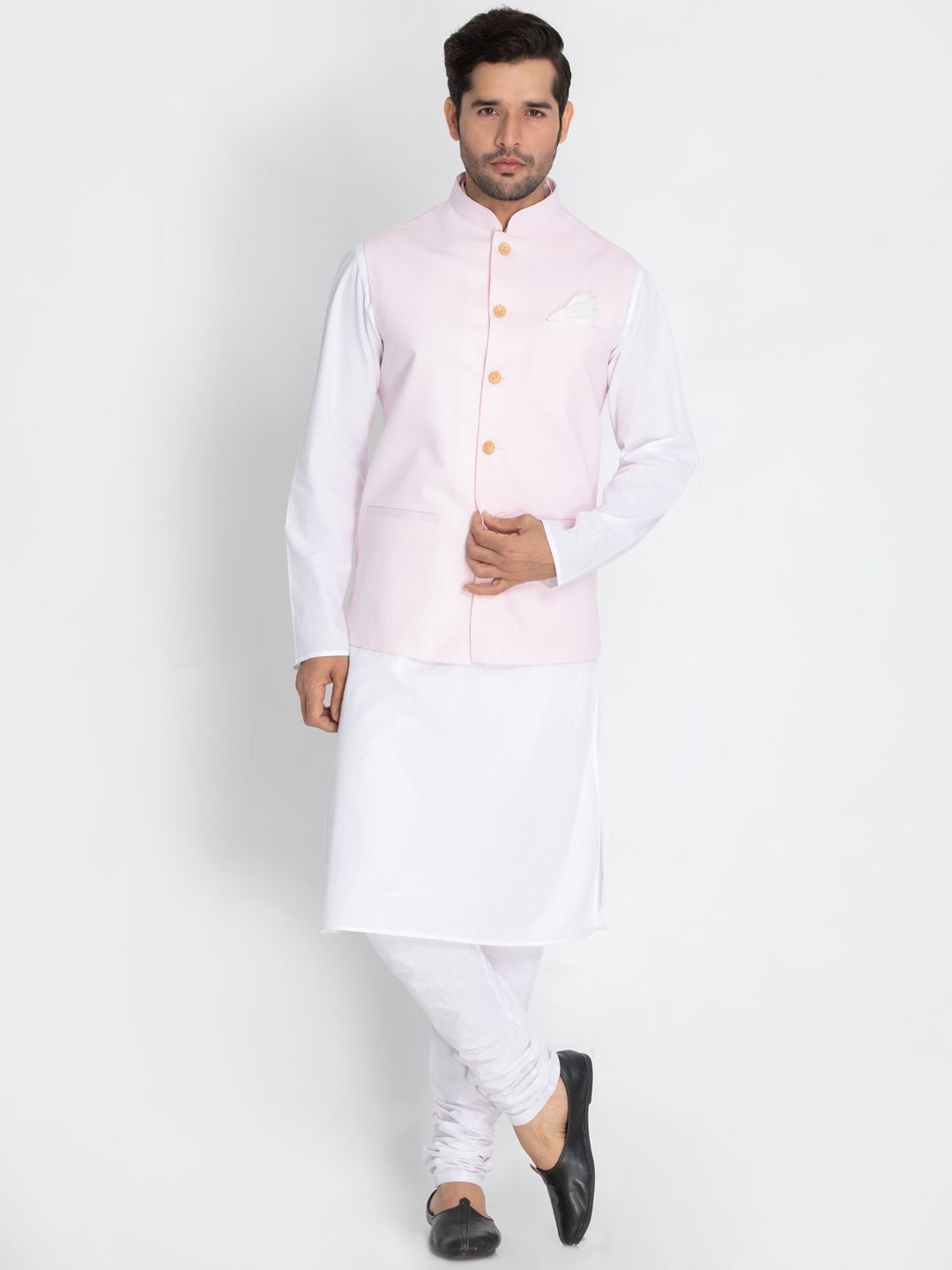 Men's White Cotton Blend Kurta, Ethnic Jacket and Pyjama Set