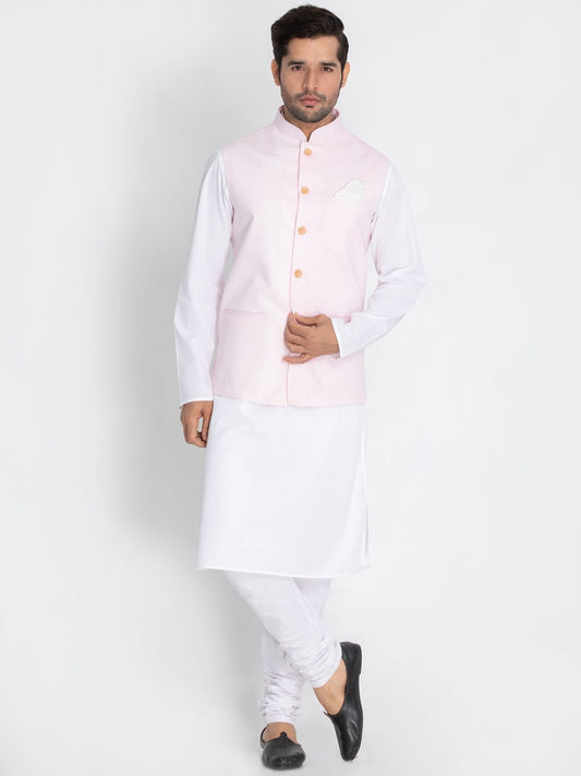 Men's White Cotton Blend Kurta, Ethnic Jacket and Pyjama Set