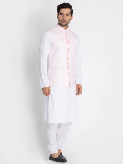 Men's White Cotton Blend Kurta, Ethnic Jacket and Pyjama Set