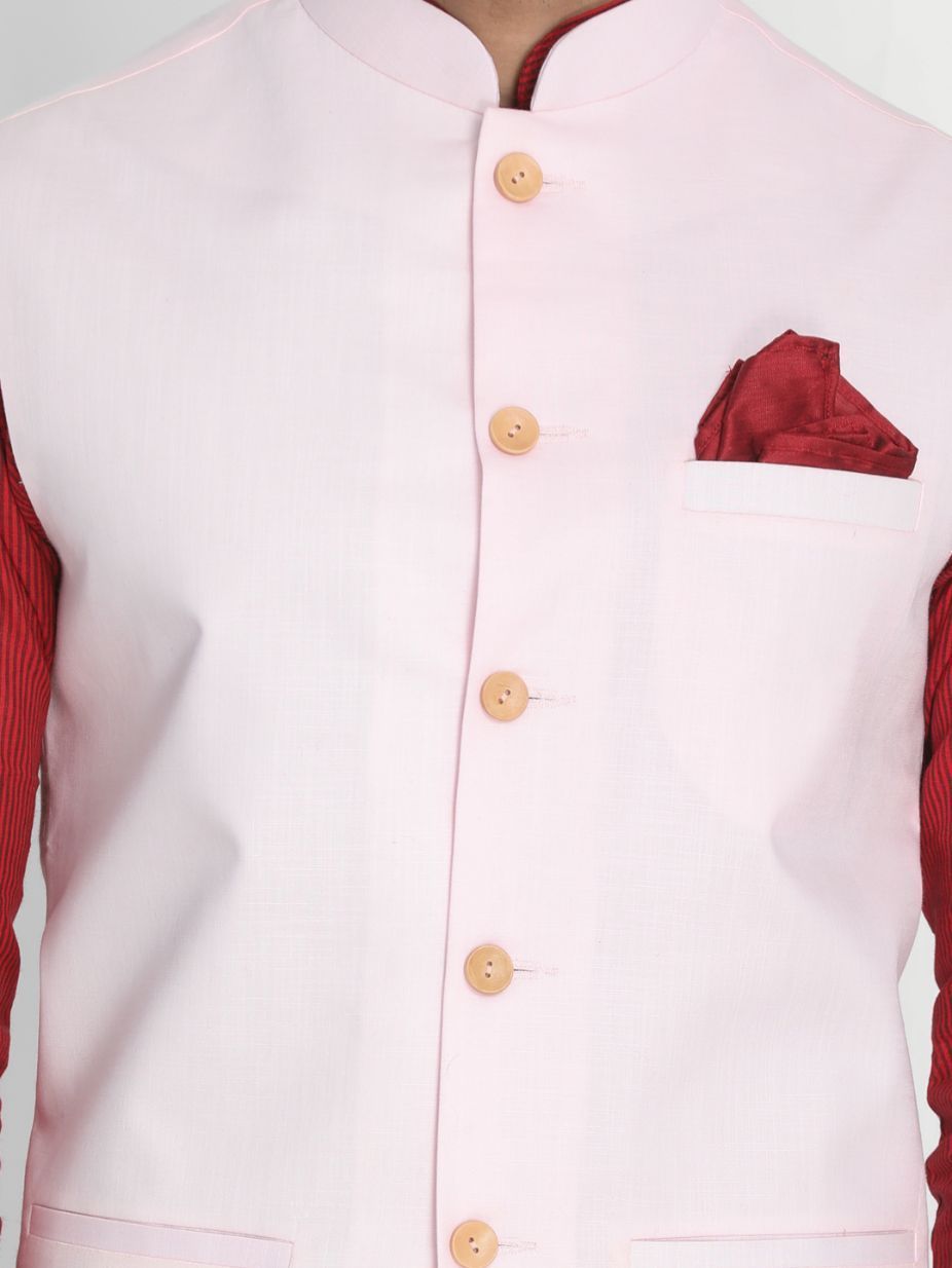 Men's Red Cotton Blend Kurta, Ethnic Jacket and Pyjama Set