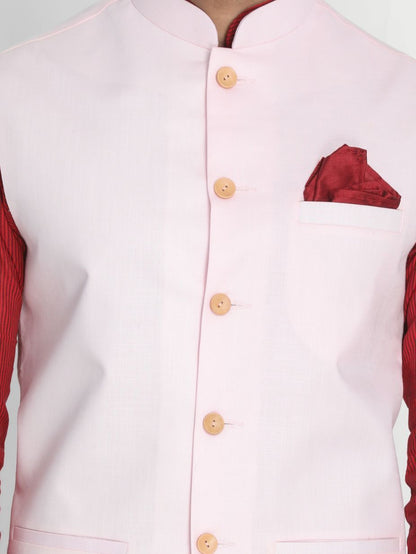 Men's Red Cotton Blend Kurta, Ethnic Jacket and Pyjama Set