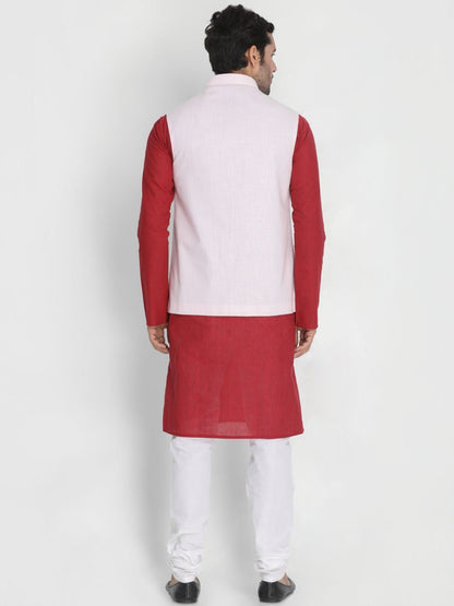 Men's Red Cotton Blend Kurta, Ethnic Jacket and Pyjama Set