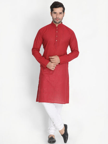 Men's Red Cotton Blend Kurta, Ethnic Jacket and Pyjama Set