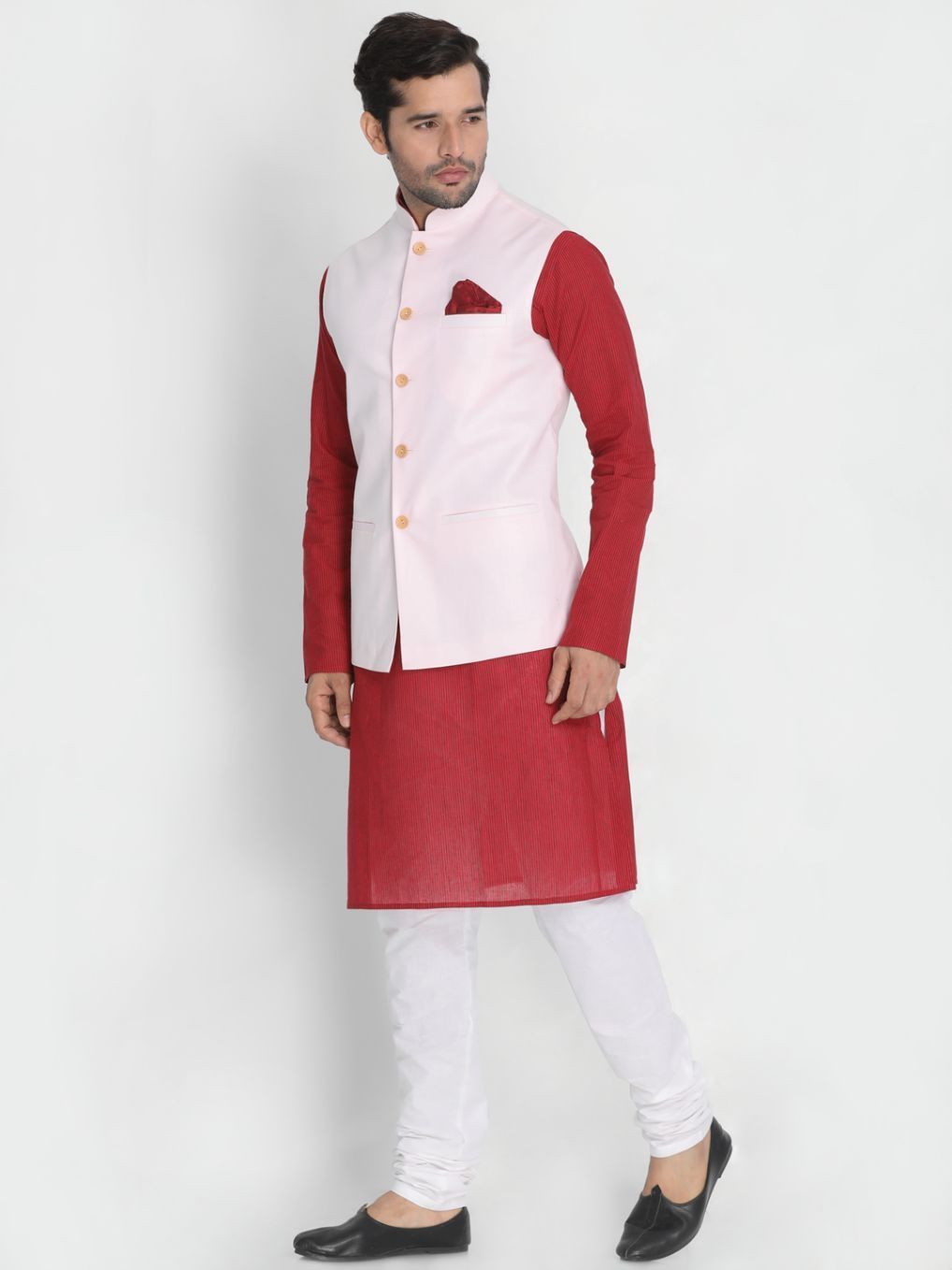 Men's Red Cotton Blend Kurta, Ethnic Jacket and Pyjama Set