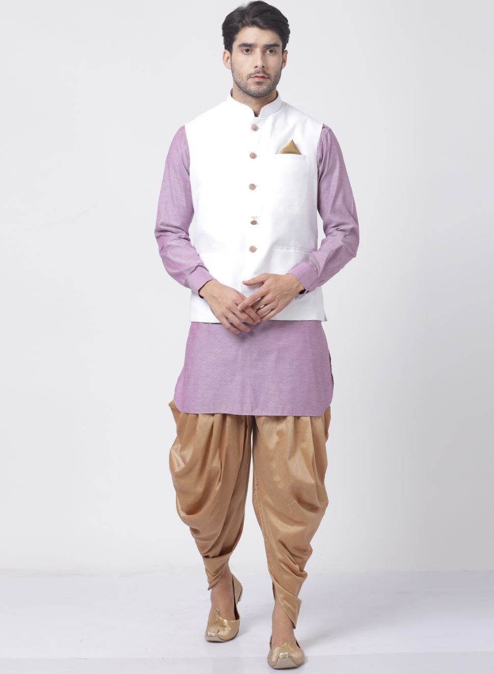 Men's Purple Cotton Blend Ethnic Jacket, Kurta and Dhoti Pant Set