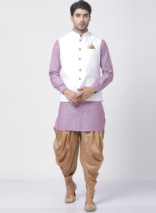 Men's Purple Cotton Blend Ethnic Jacket, Kurta and Dhoti Pant Set
