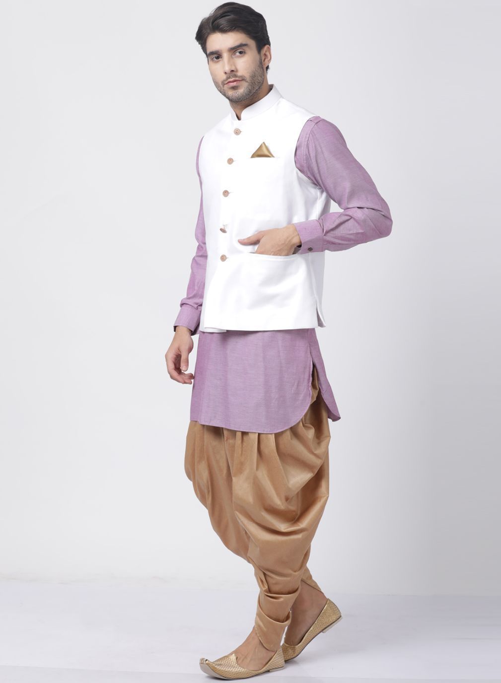 Men's Purple Cotton Blend Ethnic Jacket, Kurta and Dhoti Pant Set