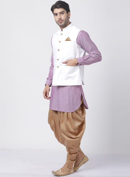 Men's Purple Cotton Blend Ethnic Jacket, Kurta and Dhoti Pant Set