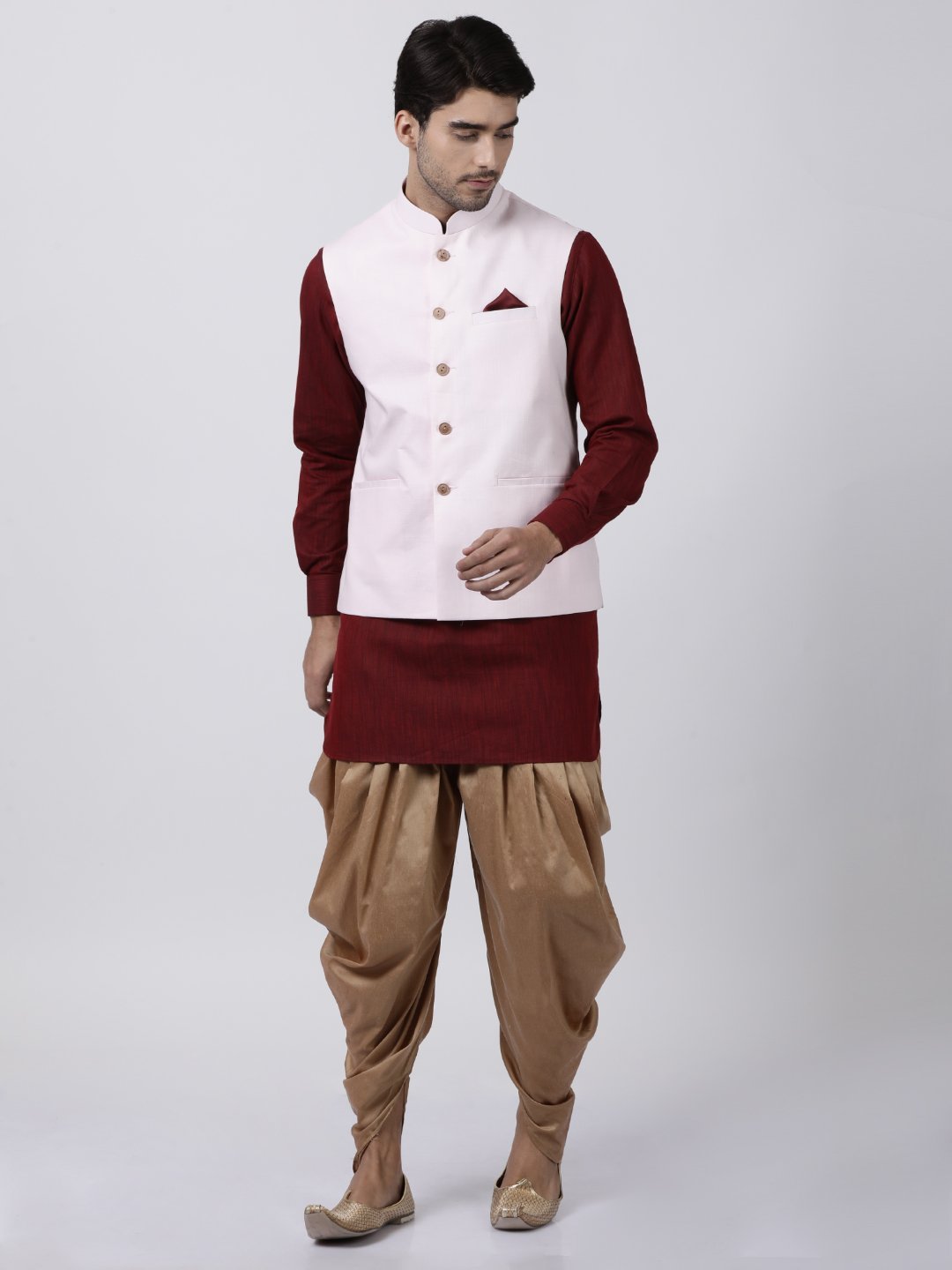 Men's Maroon Cotton Blend Ethnic Jacket, Kurta and Dhoti Pant Set