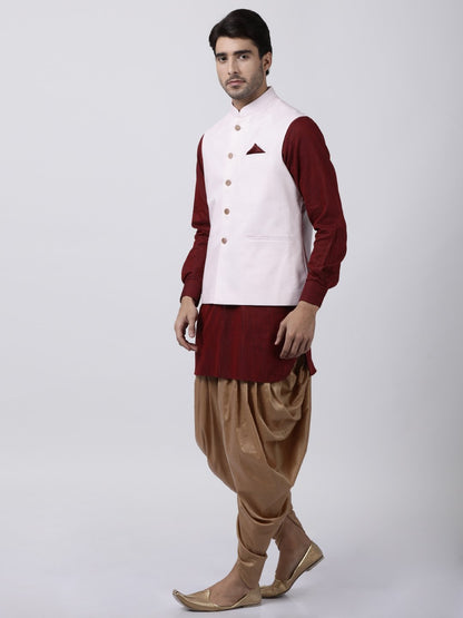 Men's Maroon Cotton Blend Ethnic Jacket, Kurta and Dhoti Pant Set