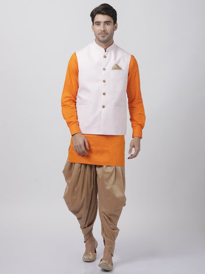 Men's Orange Cotton Blend Ethnic Jacket, Kurta and Dhoti Pant Set