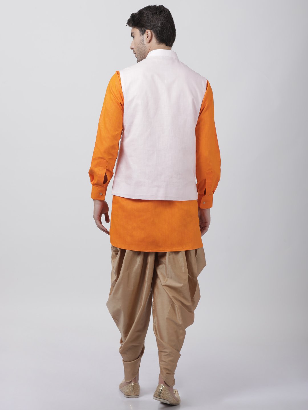 Men's Orange Cotton Blend Ethnic Jacket, Kurta and Dhoti Pant Set