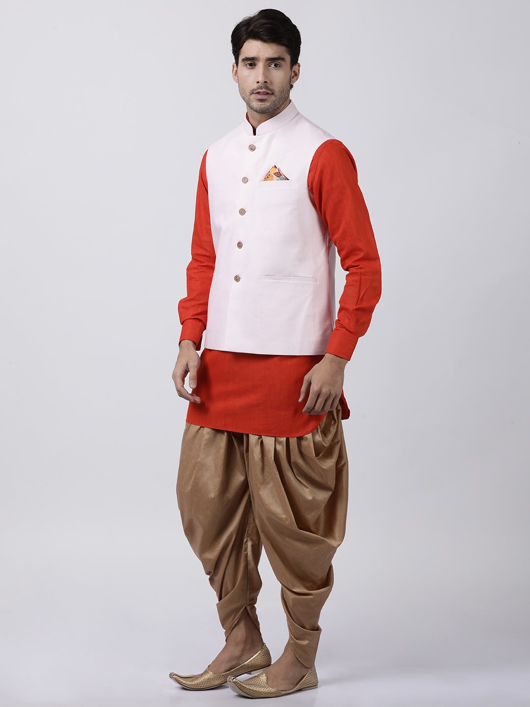 Men's Red Cotton Blend Ethnic Jacket, Kurta and Dhoti Pant Set