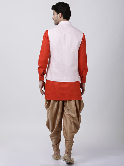 Men's Red Cotton Blend Ethnic Jacket, Kurta and Dhoti Pant Set