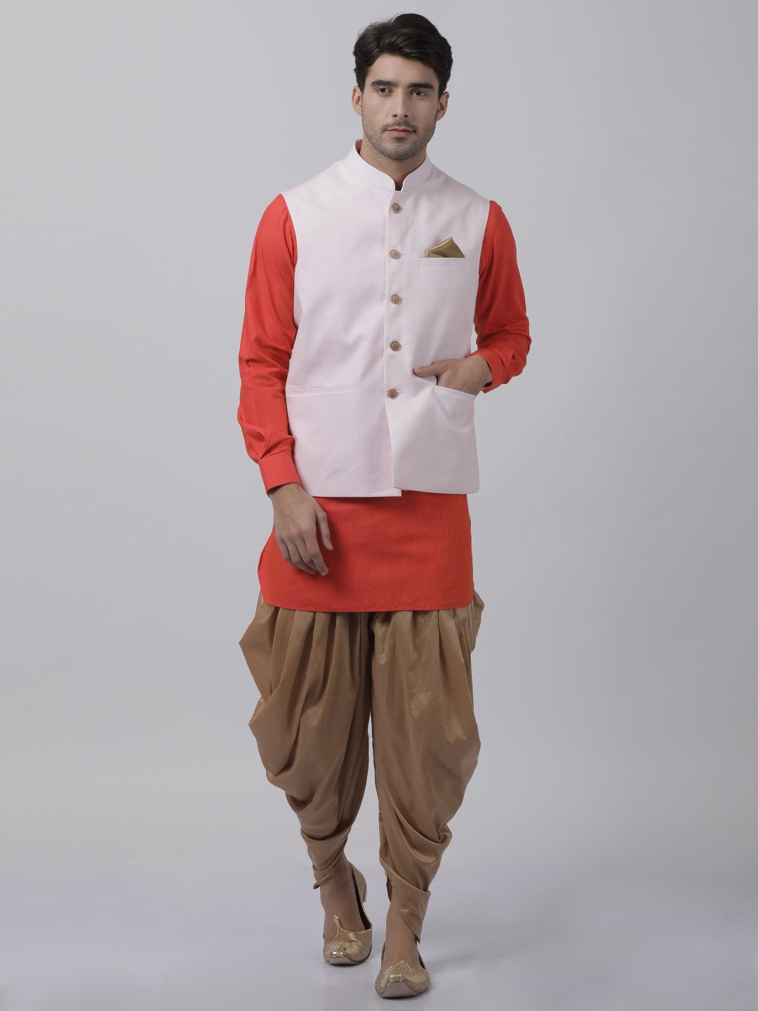 Men's Orange Cotton Blend Ethnic Jacket, Kurta and Dhoti Pant Set