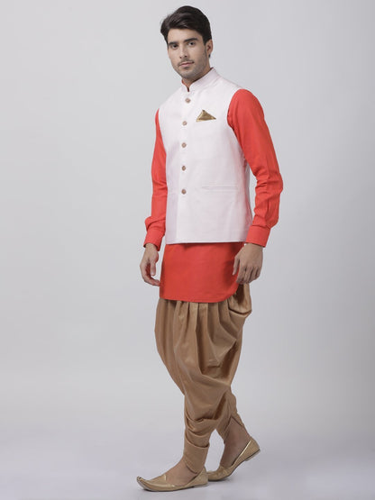 Men's Orange Cotton Blend Ethnic Jacket, Kurta and Dhoti Pant Set
