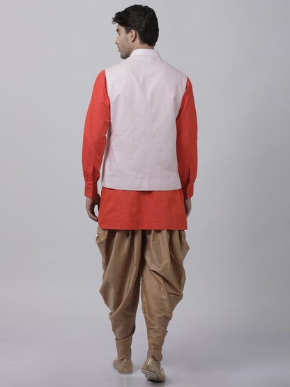 Men's Orange Cotton Blend Ethnic Jacket, Kurta and Dhoti Pant Set