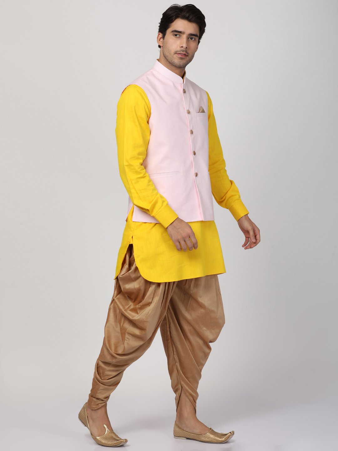 Men's Yellow Cotton Blend Ethnic Jacket, Kurta and Dhoti Pant Set