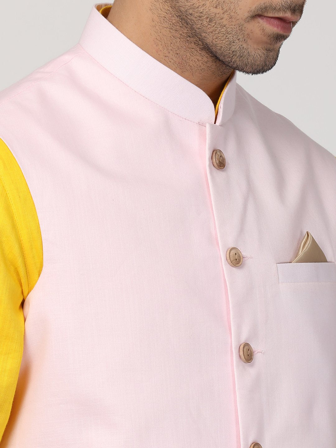 Men's Yellow Cotton Blend Ethnic Jacket, Kurta and Dhoti Pant Set