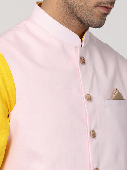 Men's Yellow Cotton Blend Ethnic Jacket, Kurta and Dhoti Pant Set