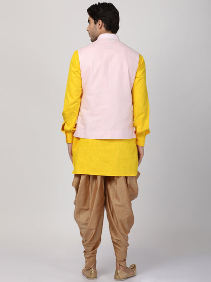 Men's Yellow Cotton Blend Ethnic Jacket, Kurta and Dhoti Pant Set
