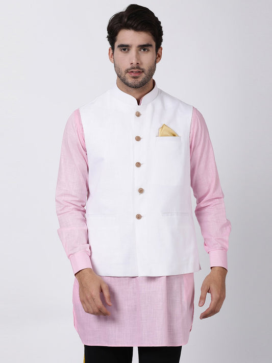 Men's White Cotton Ethnic Jacket
