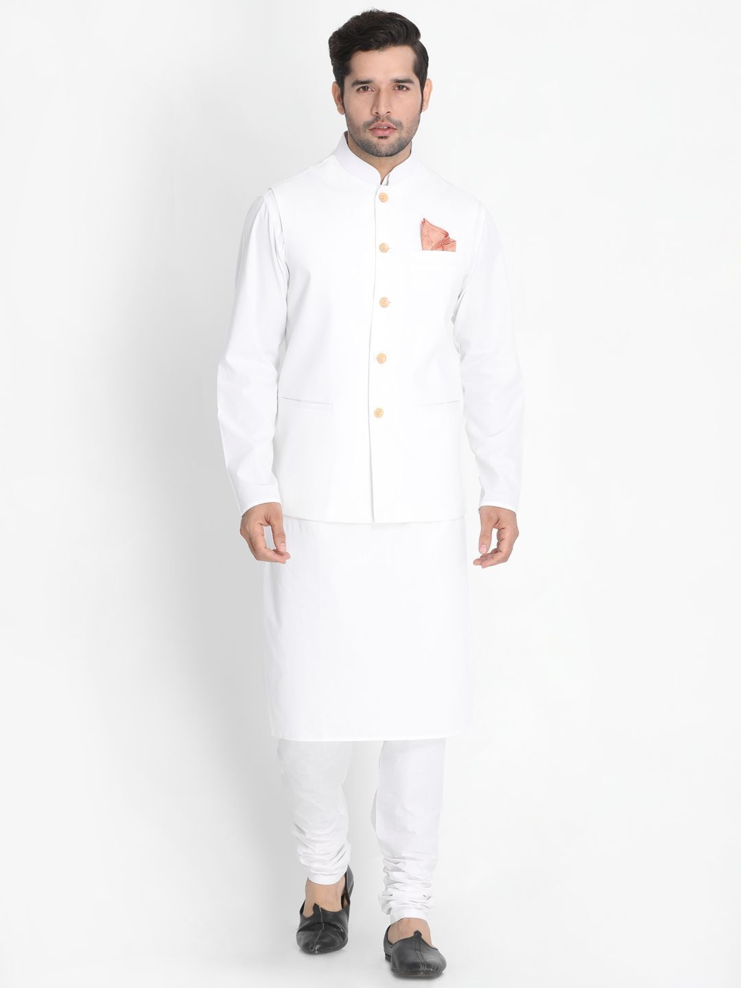 Men's White Cotton Blend Kurta, Ethnic Jacket and Pyjama Set