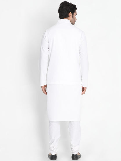 Men's White Cotton Blend Kurta, Ethnic Jacket and Pyjama Set