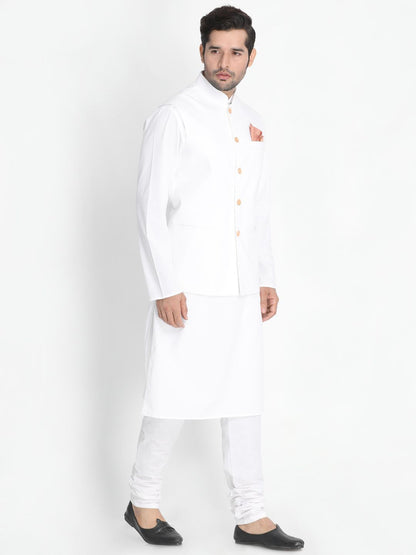 Men's White Cotton Blend Kurta, Ethnic Jacket and Pyjama Set