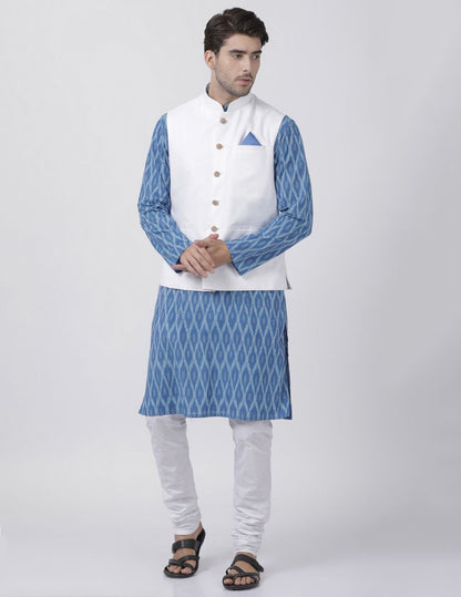 Men's Light Blue Cotton Blend Ethnic Jacket, Kurta and Dhoti Pant Set
