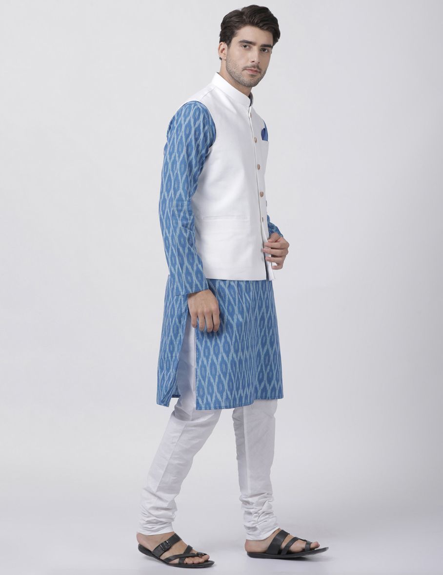 Men's Light Blue Cotton Blend Ethnic Jacket, Kurta and Dhoti Pant Set