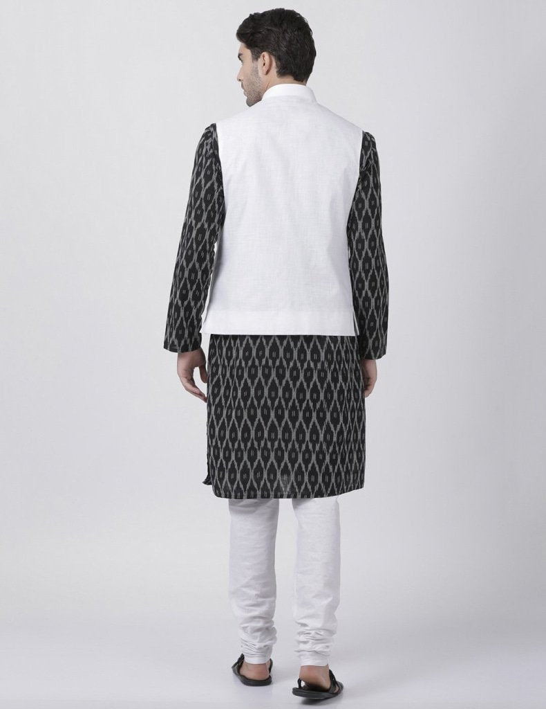 Men's Black Cotton Blend Ethnic Jacket, Kurta and Pajama Set