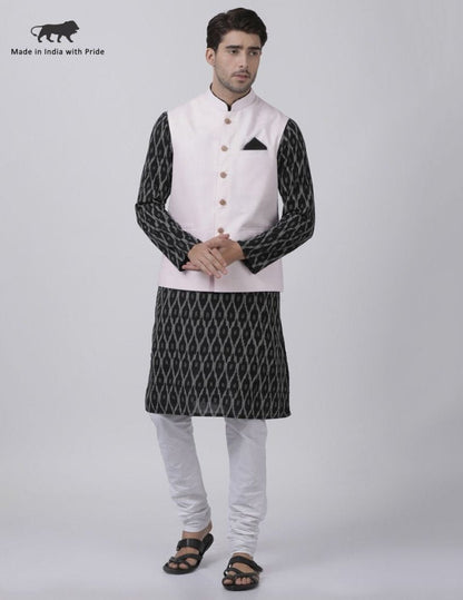 Men's Black Cotton Blend Ethnic Jacket, Kurta and Pajama Set