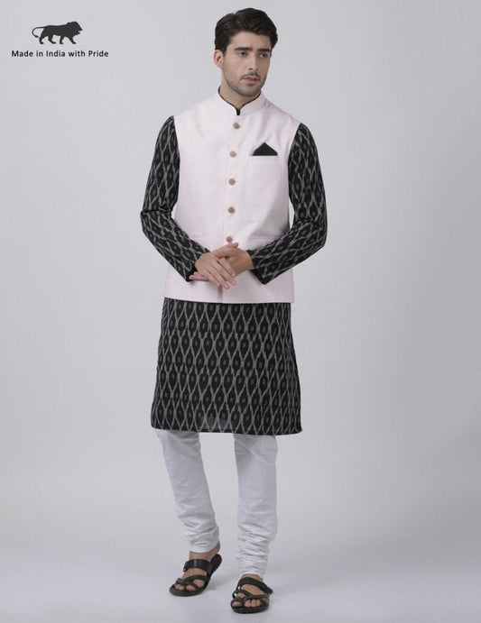 Men's Black Cotton Blend Ethnic Jacket, Kurta and Pajama Set