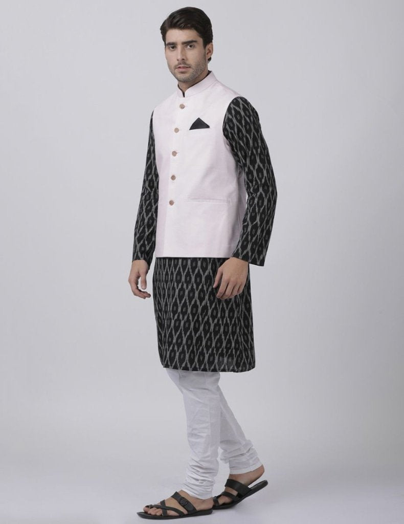 Men's Black Cotton Blend Ethnic Jacket, Kurta and Pajama Set
