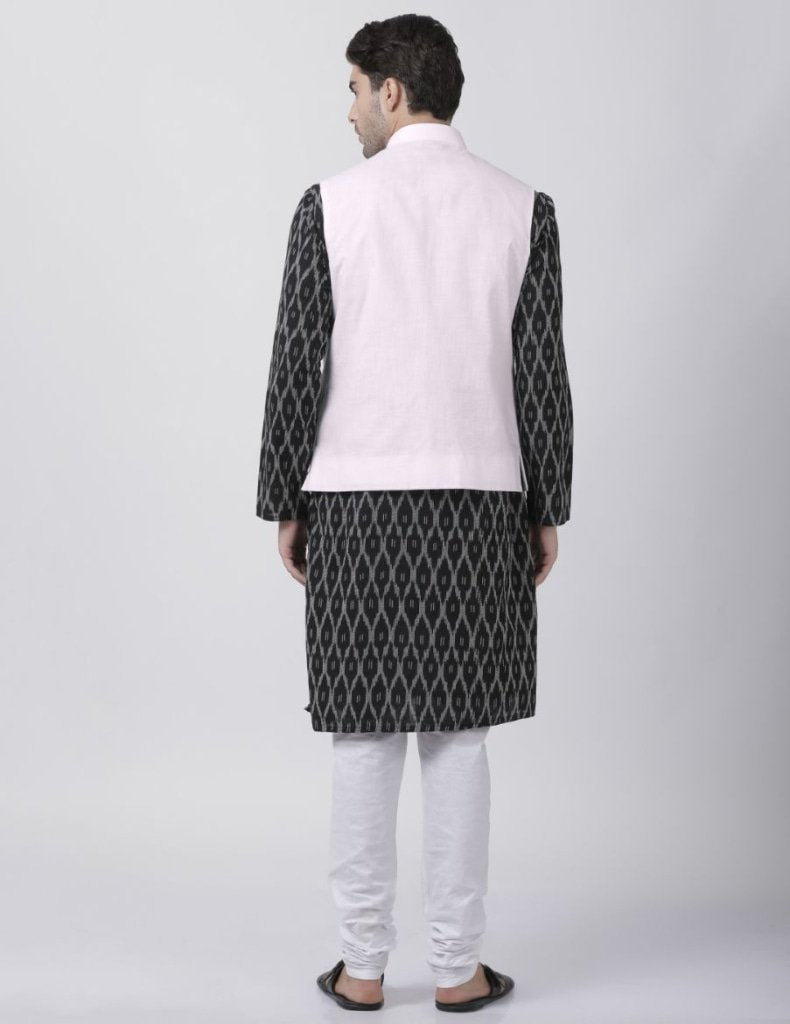 Men's Black Cotton Blend Ethnic Jacket, Kurta and Pajama Set
