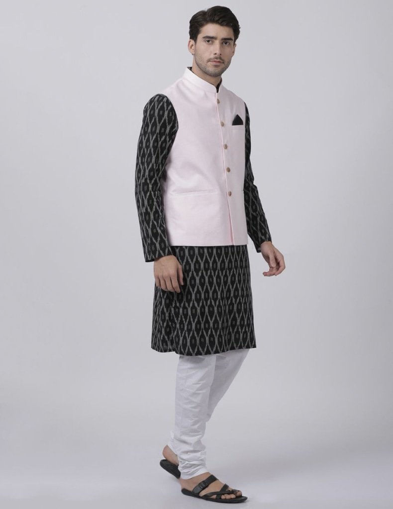 Men's Black Cotton Blend Ethnic Jacket, Kurta and Pajama Set