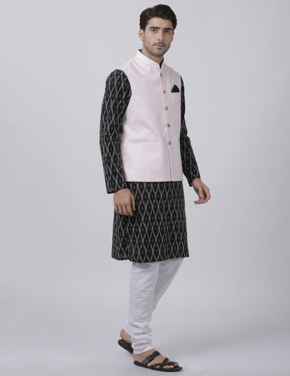 Men's Black Cotton Blend Ethnic Jacket, Kurta and Pajama Set
