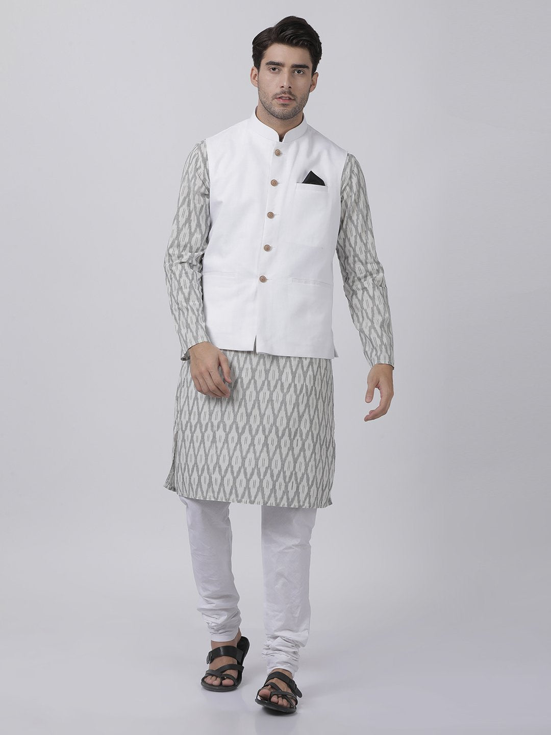 Men's White Cotton Blend Ethnic Jacket, Kurta and Dhoti Pant Set